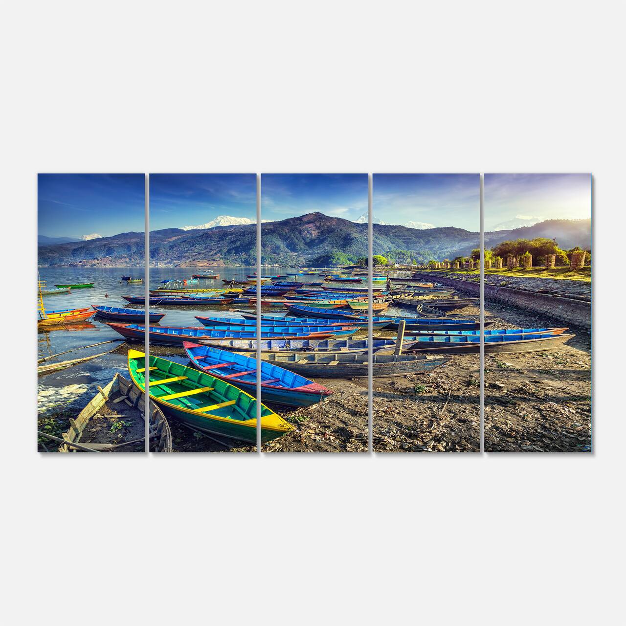 Designart - Colorful Boats in Pokhara Lake - Boat Canvas Art Print